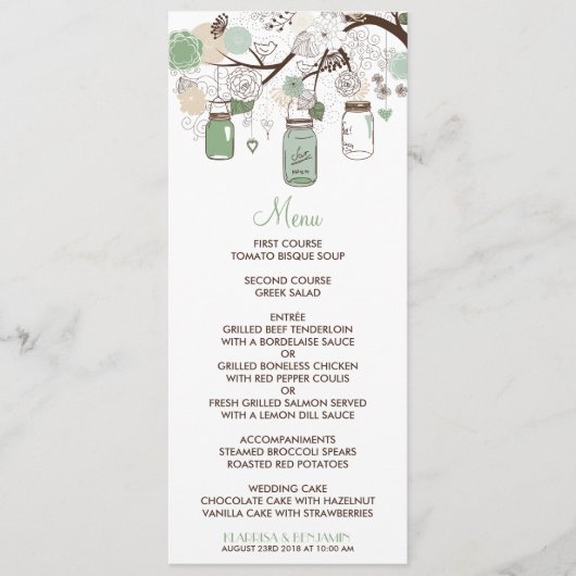 Mint Green Mason Jars Wedding Menu Kaart (Voorkant)