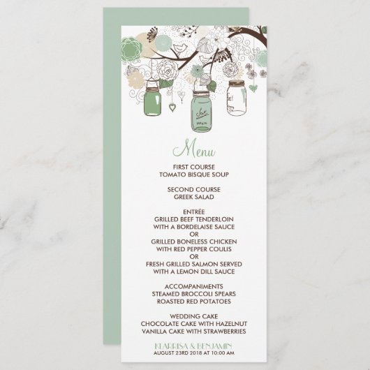 Mint Green Mason Jars Wedding Menu Kaart (Voorkant / Achterkant)