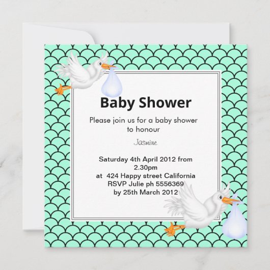 Mint green Mermaid stork baby shower nodig Kaart (Voorkant)