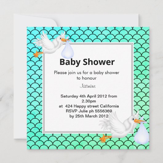 Mint green Mermaid stork baby shower nodig Kaart (Voorkant)