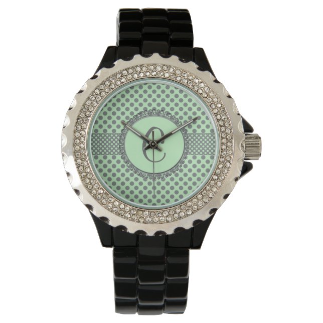 Mint Green met Gray Polka Dots-Monogram STaylor Horloge (Voorkant)