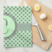 Mint Green met Gray Polka Dots-Monogram STaylor Theedoek (Quarter Fold)
