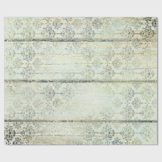 Mint Green Metallic Damask Gold Wood Foxier Cadeaupapier (Vlak)