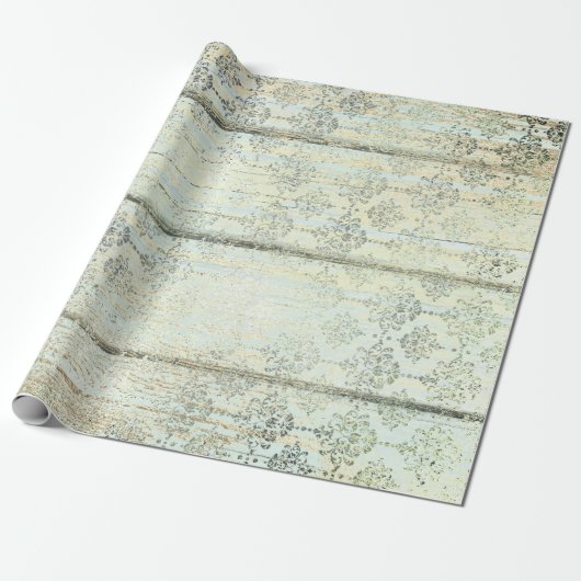 Mint Green Metallic Damask Gold Wood Foxier Cadeaupapier (Uitgerold)