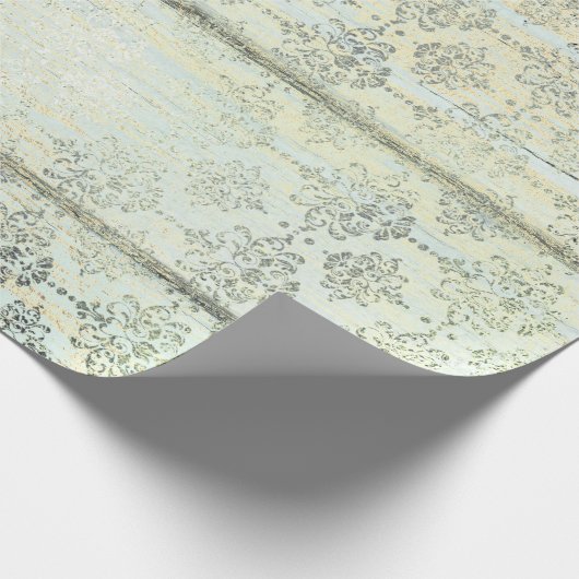 Mint Green Metallic Damask Gold Wood Foxier Cadeaupapier (Hoek)