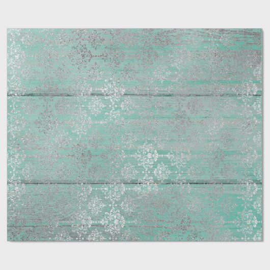 Mint Green Metallic Damask Silver Grey Wood Rustic Cadeaupapier (Vlak)