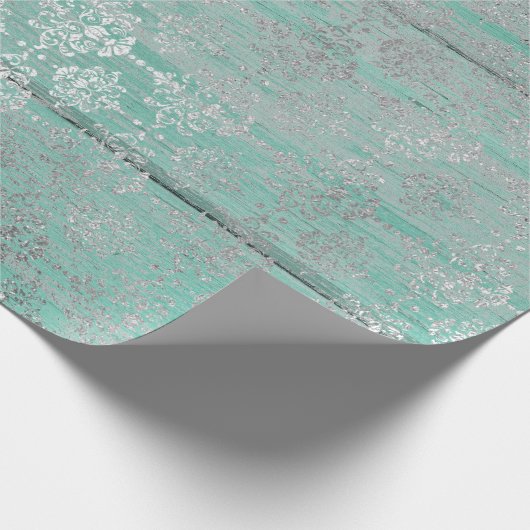Mint Green Metallic Damask Silver Grey Wood Rustic Cadeaupapier (Hoek)