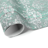 Mint Green Metallic Damask Silver Grey Wood Rustic Cadeaupapier (Rol Hoek)