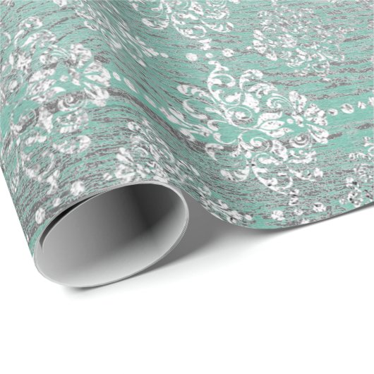 Mint Green Metallic Damask Silver Grey Wood Rustic Cadeaupapier (Rol Hoek)
