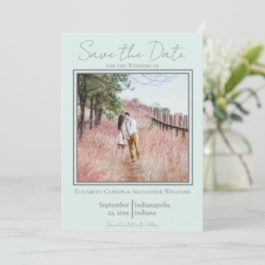 Mint Green Minimalist Photo Save the Date (Staand voorkant)