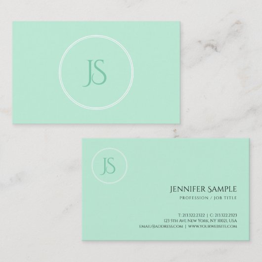 Mint Green Modern Minimalist Monogram Professional Visitekaartje (Voorkant / Achterkant)