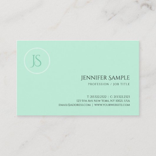 Mint Green Modern Minimalist Monogram Professional Visitekaartje (Achterkant)