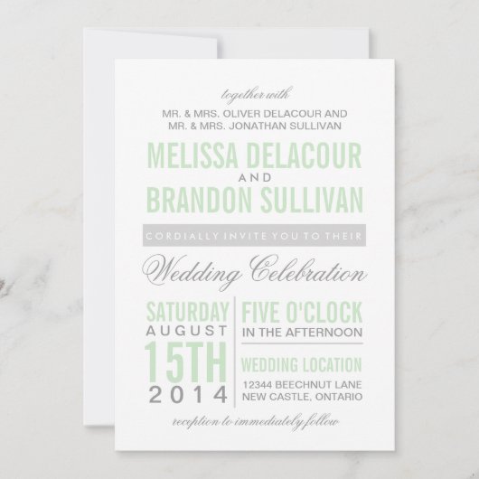 Mint Green Modern Typography Wedding Invitation Kaart (Voorkant)