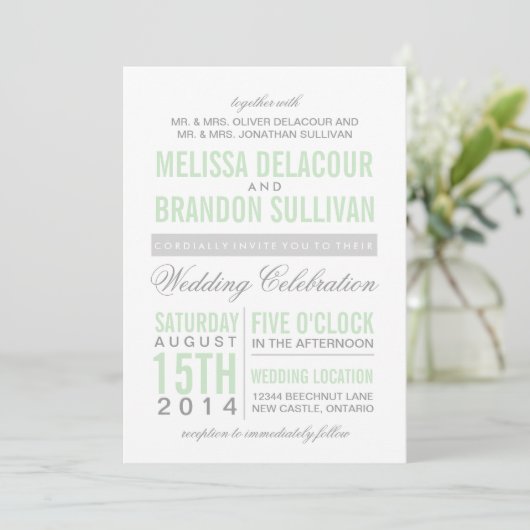 Mint Green Modern Typography Wedding Invitation Kaart (Staand voorkant)