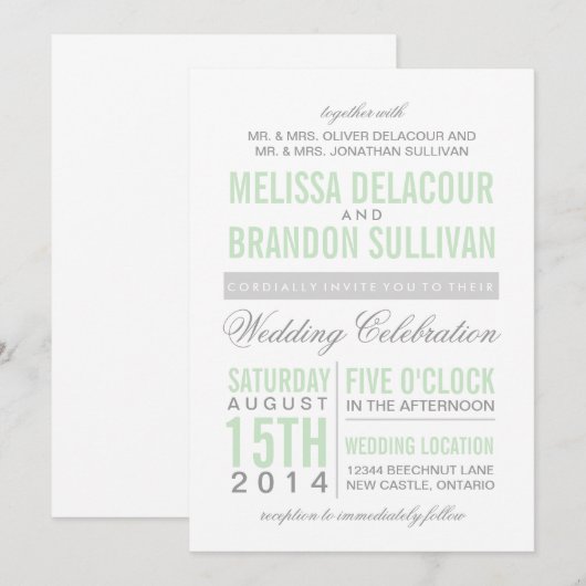 Mint Green Modern Typography Wedding Invitation Kaart (Voorkant / Achterkant)