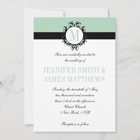 Mint Green Monogram Weddenschap Kaart (Achterkant)