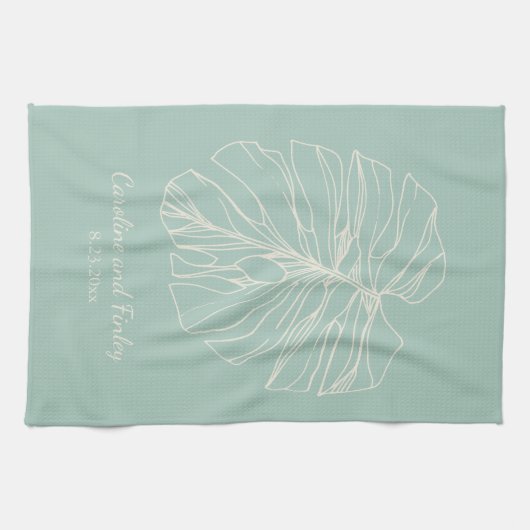 Mint Green Monstera Leaf Line Drawing Personalized Theedoek (Horizontaal)