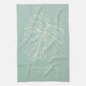 Mint Green Monstera Leaf Line Drawing Personalized Theedoek (Verticaal)