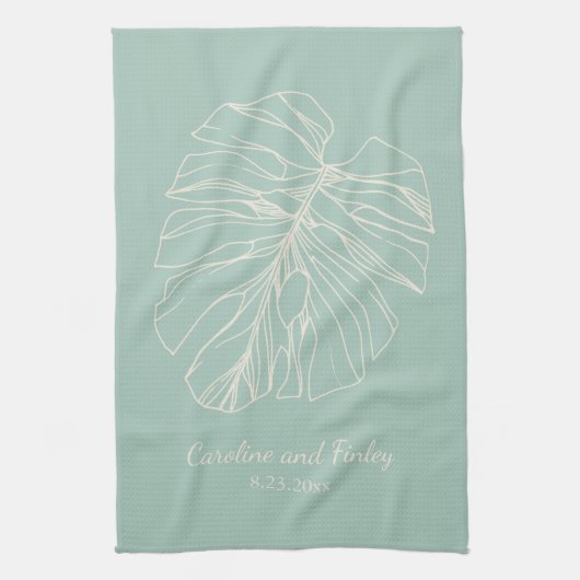 Mint Green Monstera Leaf Line Drawing Personalized Theedoek (Verticaal)