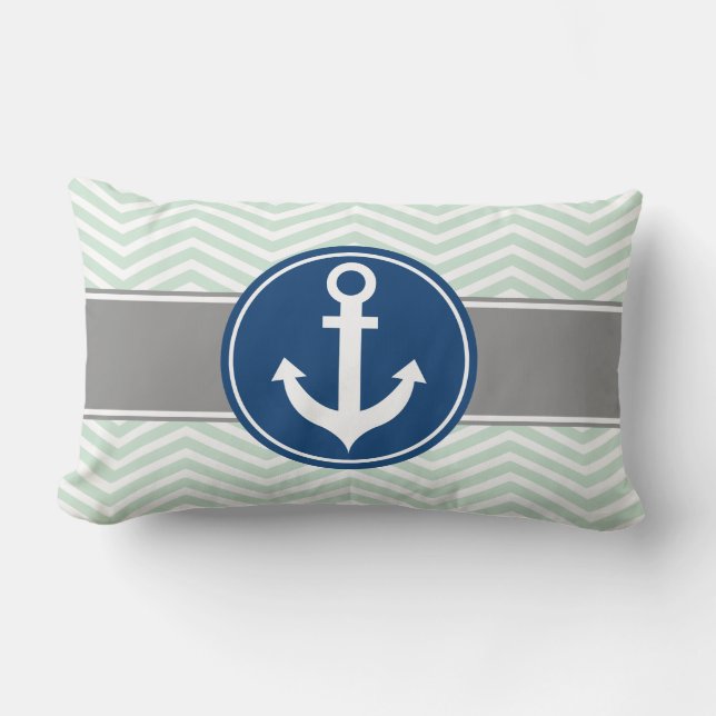 Mint Green Nautical Anchor Chevron Kussen (Voorkant)