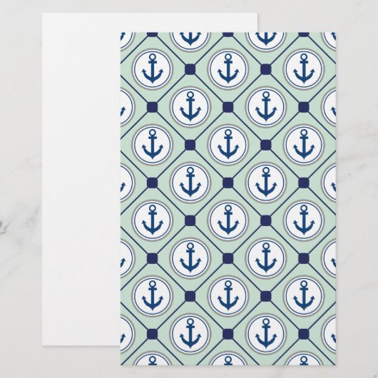 Mint Green Nautical Anchor Pattern Briefpapier (Voorkant / Achterkant)