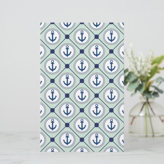 Mint Green Nautical Anchor Pattern Briefpapier (Staand voorkant)