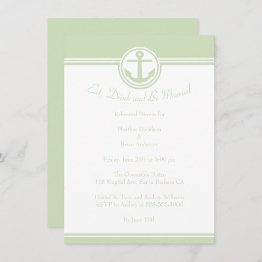Mint Green Nautical Anchor Rehearsal Dinner Invite Kaart (Voorkant / Achterkant)