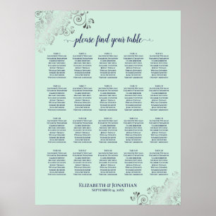Mint Green & Navy 20 Table Wedding Seating Chart Poster