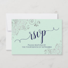 Mint Green & Navy Blue Elegant Calligraphy Wedding RSVP Kaartje