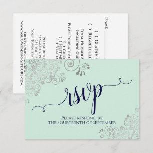 Mint Green & Navy Blue Elegant Calligraphy Wedding RSVP Kaartje