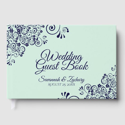 Mint Green & Navy Blue Lace Elegant Wedding Gastenboek (Voorkant)