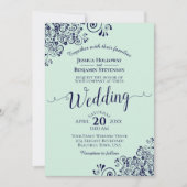 Mint Green & Navy Blue Lace Frils Wedding Kaart (Voorkant)
