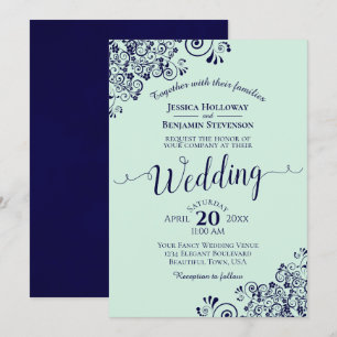 Mint Green & Navy Blue Lace Frils Wedding Kaart