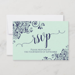 Mint Green & Navy Lace Elegant Calligraphy Wedding RSVP Kaartje