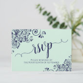 Mint Green & Navy Lace Elegant Calligraphy Wedding RSVP Kaartje (Staand voorkant)