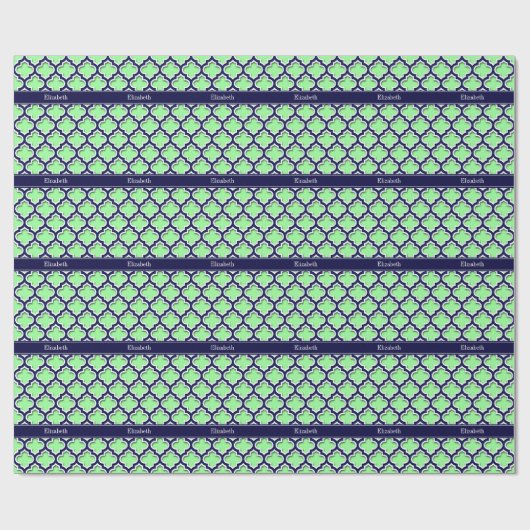 Mint Green, Navy Moroccan #5DS Navy Name Monogram Cadeaupapier (Vlak)