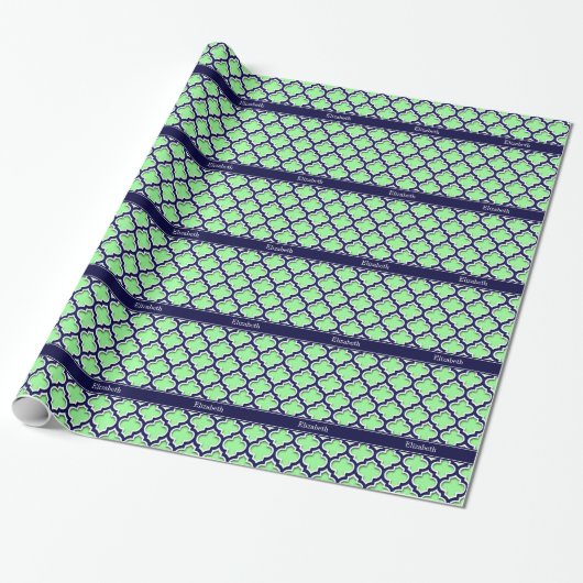Mint Green, Navy Moroccan #5DS Navy Name Monogram Cadeaupapier (Uitgerold)