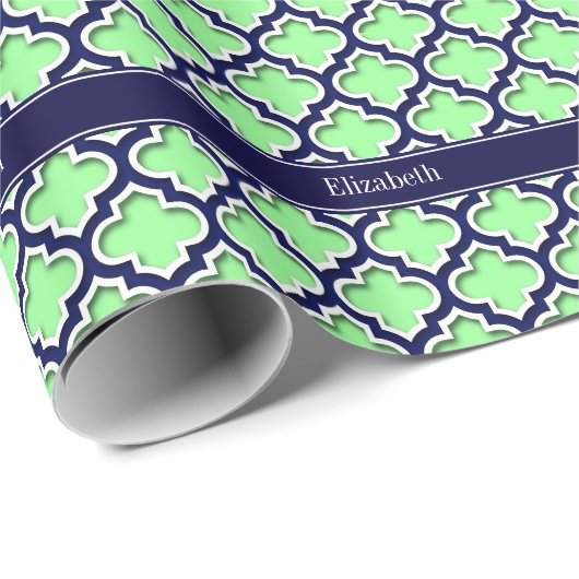 Mint Green, Navy Moroccan #5DS Navy Name Monogram Cadeaupapier (Rol Hoek)