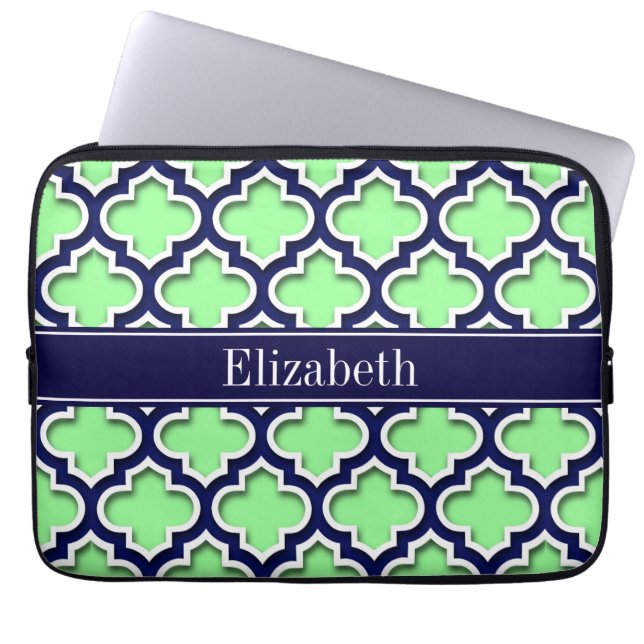 Mint Green, Navy Moroccan #5DS Navy Name Monogram Laptop Sleeve (Voorkant)