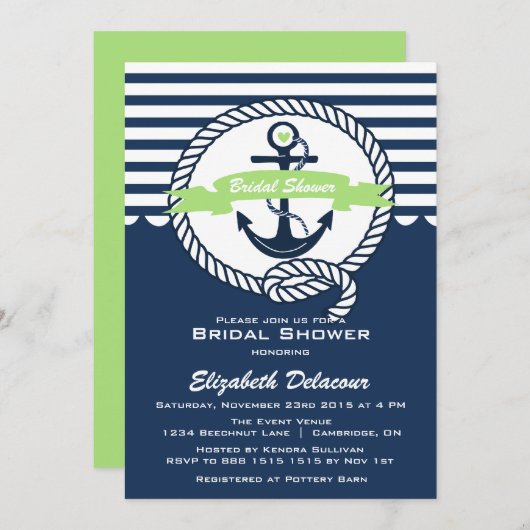 Mint Green Navy Nautical Bridal Shower Invitation Kaart (Voorkant / Achterkant)