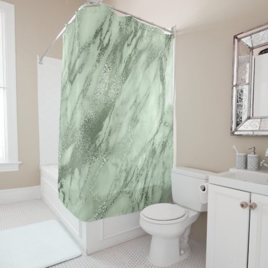 Mint Green Olive Salvia Marble Abstracte Stone Lux Douchegordijn (In situ)