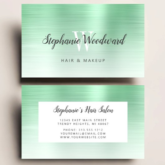 Mint Green Ombre Brushed Metal Monogram Hair Salon Visitekaartje