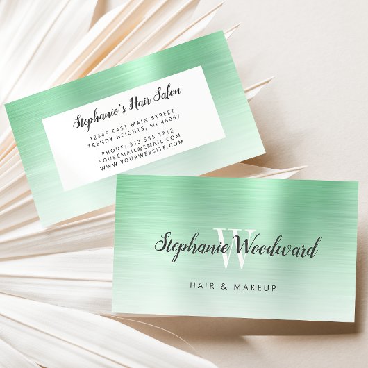 Mint Green Ombre Brushed Metal Monogram Hair Salon Visitekaartje