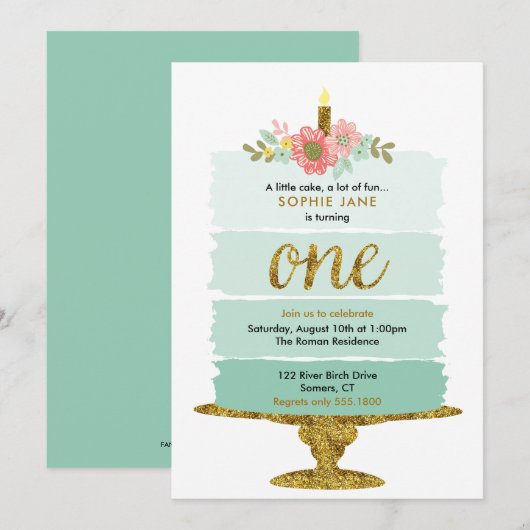 Mint Green Ombre Cake First Birthday Invitation Kaart (Voorkant / Achterkant)