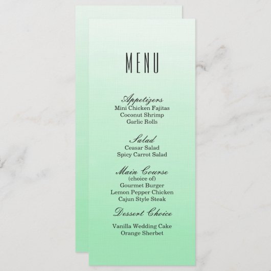 Mint Green Ombre | Het menu van het huwelijksdiner (Voorkant / Achterkant)