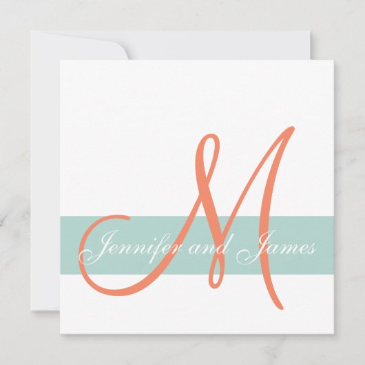 Mint Green Oranje Monogram Names Simple Wedding Kaart (Voorkant)