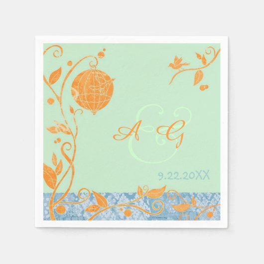 Mint Green & Oranje Tortelduifjes Wedding Servetten (Voorkant)