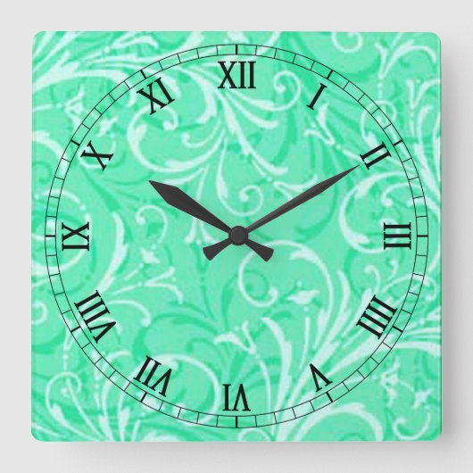 Mint Green Ornamental Square Roman Numerus Clock Vierkante Klok (Voorkant)