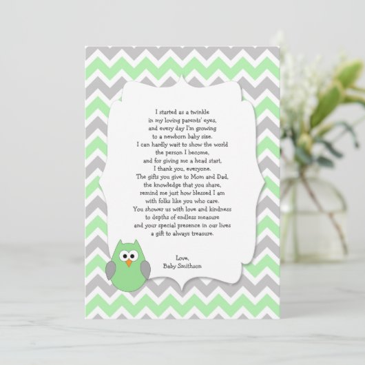 Mint Green Owl Baby shower dank u voor uw gedicht Bedankkaart (Staand voorkant)