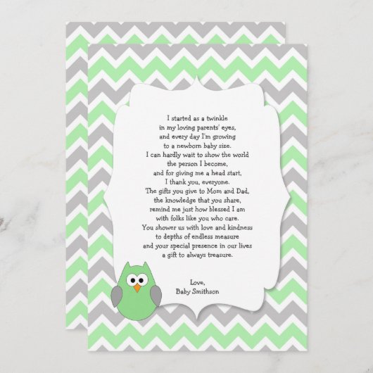 Mint Green Owl Baby shower dank u voor uw gedicht Bedankkaart (Voorkant / Achterkant)